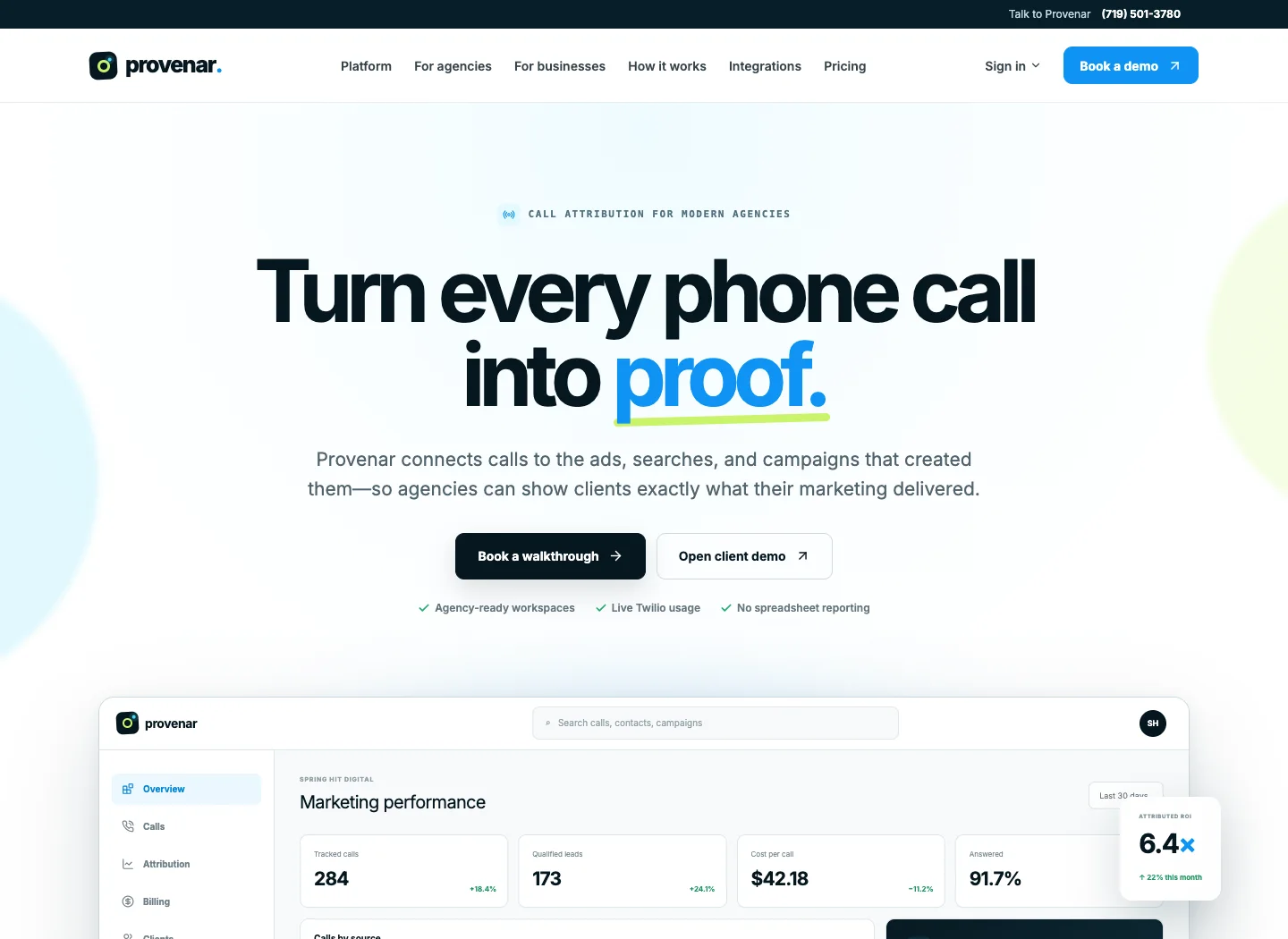 Provenar website showing its call attribution platform and reporting dashboard preview.